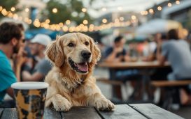 Ein heller Labrador Retriever steht mit den Vorderpfoten auf einem Tisch bei einem Sommerfest.